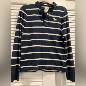 Y2K Abercrombie &Fitch Navy and White Striped Long Sleeve Fisherman Shirt Medium